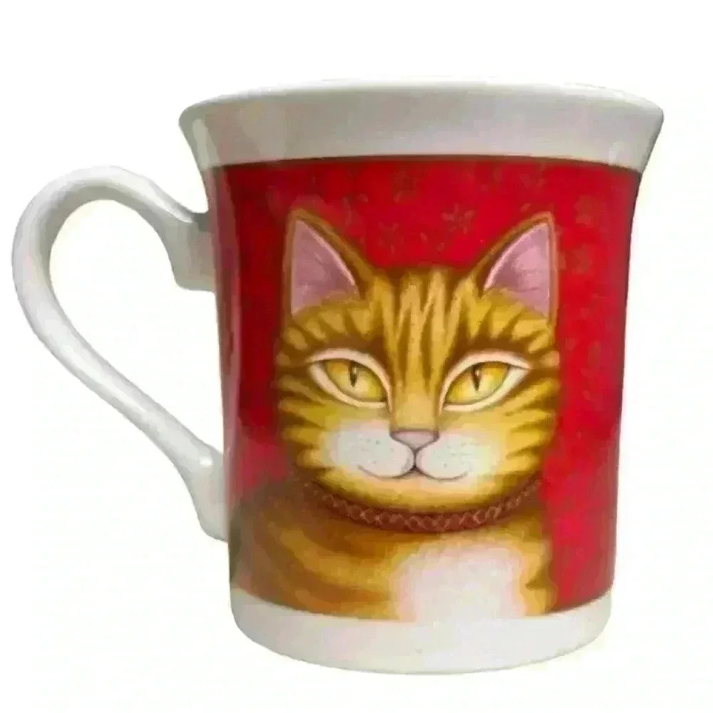 Vintage 1987 Hallmark Orange Tabby Cat Mug Cup Japan Red & White 10 fl ozs